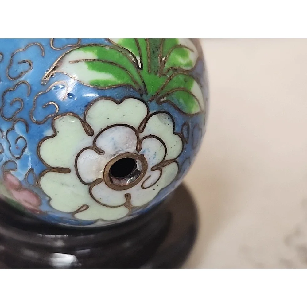 Cloisonné Art Egg Sculpture w Wood Stand Blue Pink Green Gold Floral Design EUC